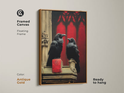 Framed Canvas art of Gothic Arch Raven with an antique gold floating frame. The unique dark academia art is set against a burgundy background. Perfect red black gothic artwork home decor.
