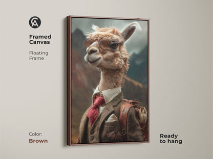 Elevate your walls with this framed canvas art of a dapper llama in a tweed suit. This unique animal portrait is set in a brown floating frame. It makes an eclectic statement in a study or office. The tan cream brown colors add warmth. Ready to hang this sophisticated llama is a perfect animal lover gift.