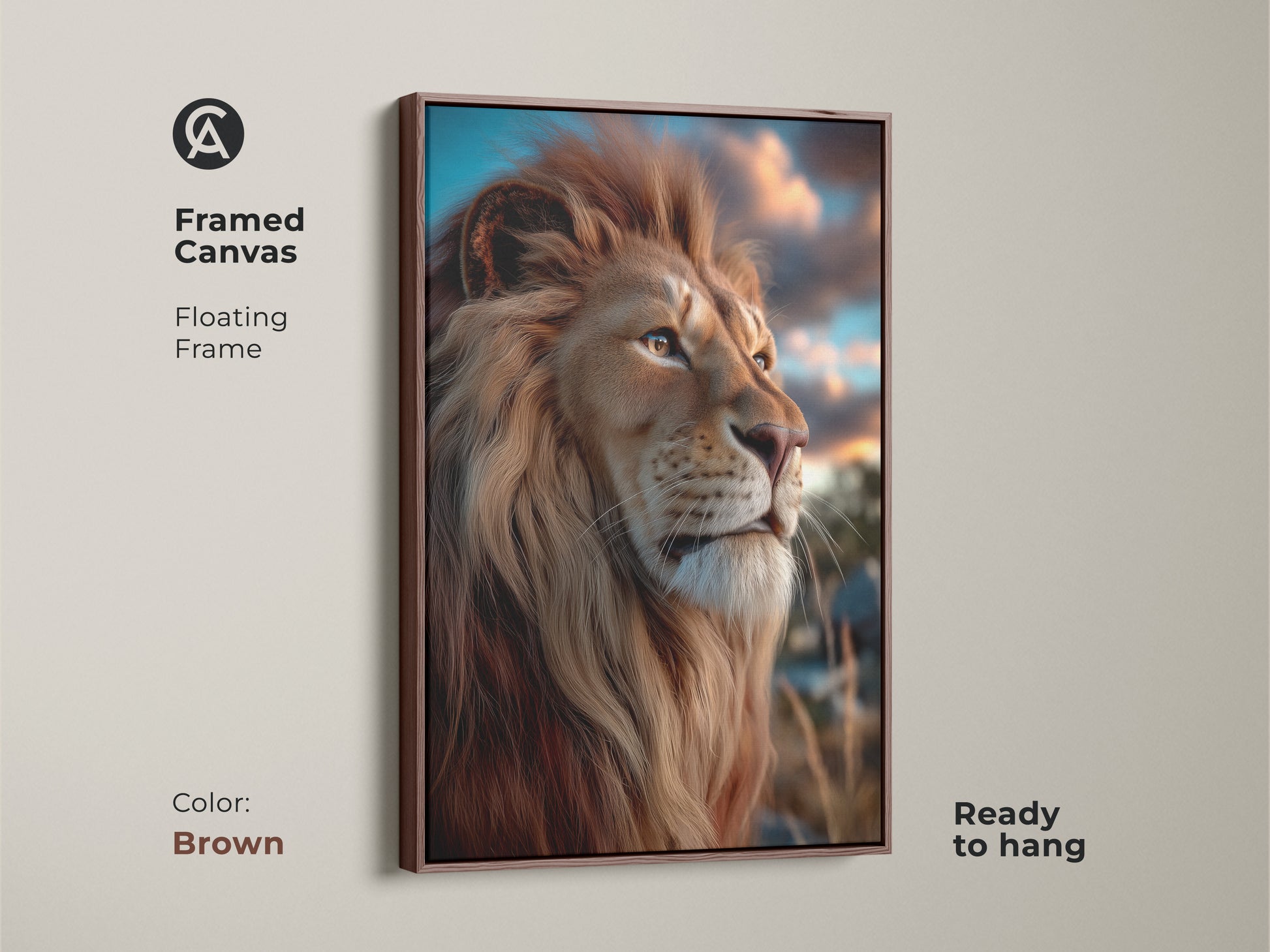 A framed golden brown wildlife print ready to hang. It's photorealistic lion canvas art in a brown floating frame. Enhance your eclectic bedroom decor with savanna animal artwork. This lion face wall hanging adds nature-inspired touch. Ideal for home decoration.
