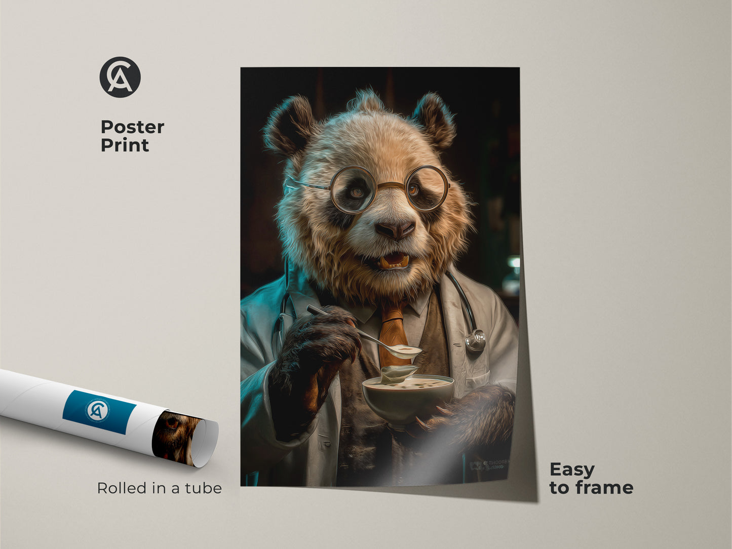 Poster print of panda doctor art rolled in a tube and easy to frame. A humorous veterinary wall art shows a panda bear in a doctor's coat eating soup. An eclectic study art print is a unique gift for doctors.