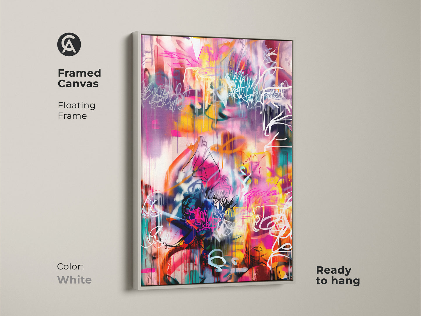 Framed canvas of an abstract painting with a clean white floating frame. This colorful artwork showcases pink yellow teal and white tones. The ready to hang canvas art adds a contemporary aesthetic to your home or office.