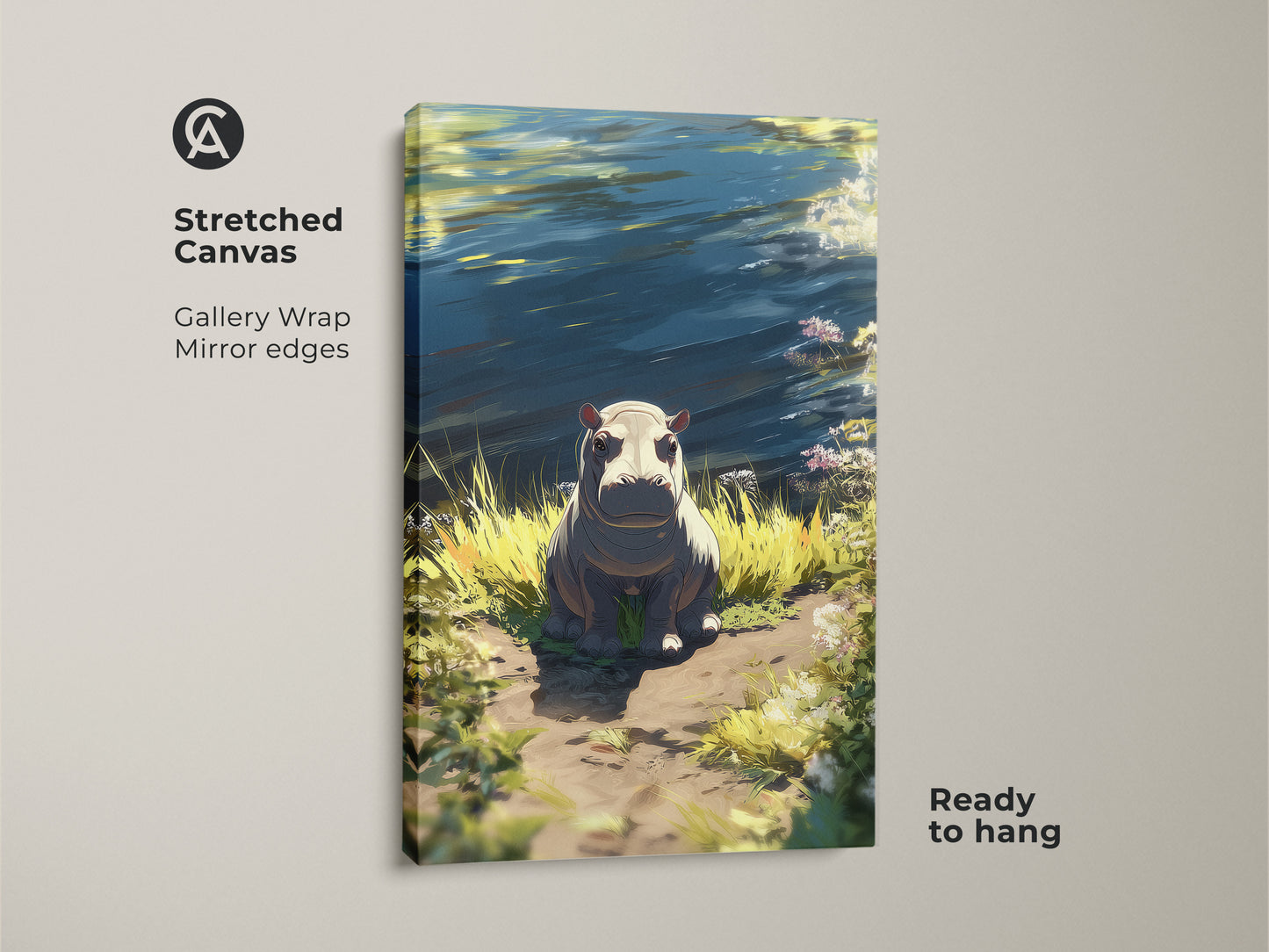 Cute hippo canvas art is ready to hang. It's riverbank wildlife wall art with blue green and yellow animal decor. The stretched canvas has gallery wrap mirror edges. Perfect eclectic home wall art for animal lovers.