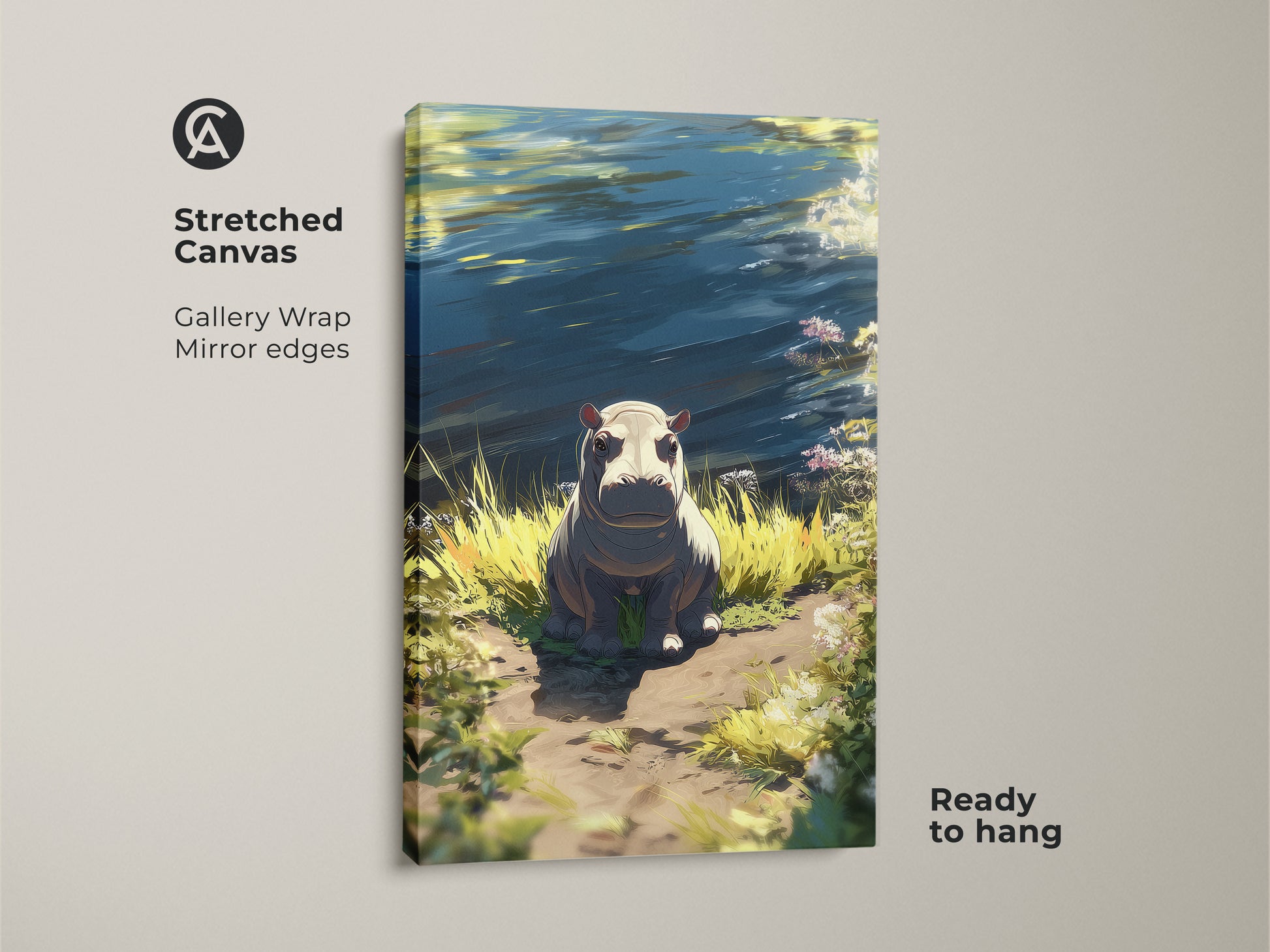 Cute hippo canvas art is ready to hang. It's riverbank wildlife wall art with blue green and yellow animal decor. The stretched canvas has gallery wrap mirror edges. Perfect eclectic home wall art for animal lovers.