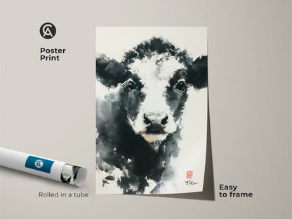 Discover this unique cow art as a poster print. The black and white animal artwork is easy to frame. Rolled and shipped in a tube. Add this striking piece to your collection. Shop now for impactful wall art.