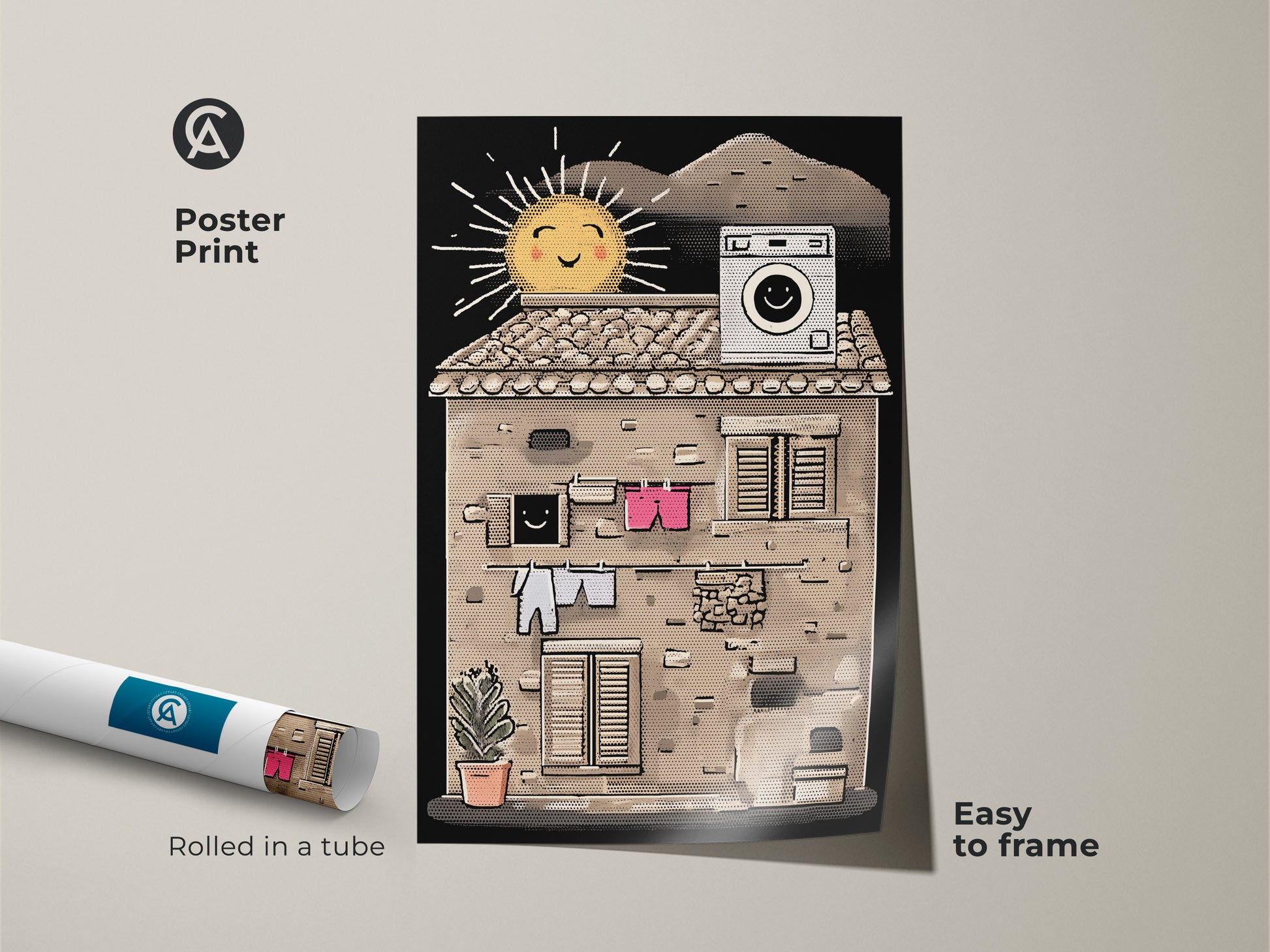 Poster print of halftone laundry art. The artwork is rolled in a tube and easy to frame. Displaying a cheerful sun and clothesline art print this vintage style artwork adds a quirky touch to any apartment wall.