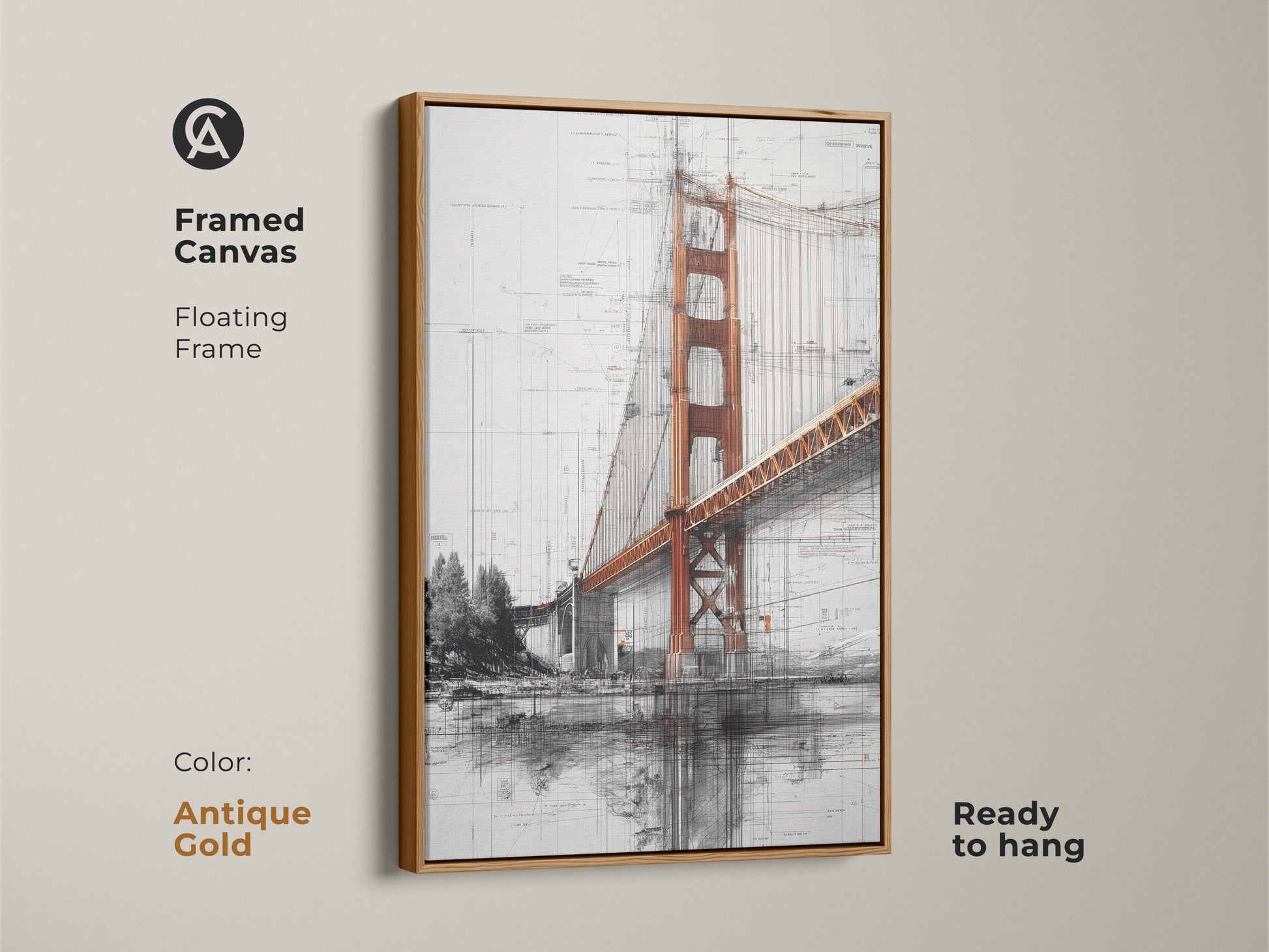Golden Gate Bridge art in an antique gold framed canvas. It features a floating frame and is ready to hang. The blueprint style wall art adds an industrial touch. The orange and gray cityscape art is unique. This architecture sketch print is a travel lover gift.