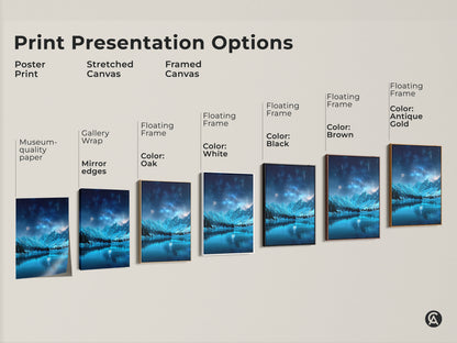 Print Presentation Options featuring Fantasy Starry Sky Wall Art. Options include Poster Print Stretched Canvas and Framed Canvas. Choose from Floating Frames in Black Brown Antique Gold and White. Museum-quality paper and gallery wrap available.