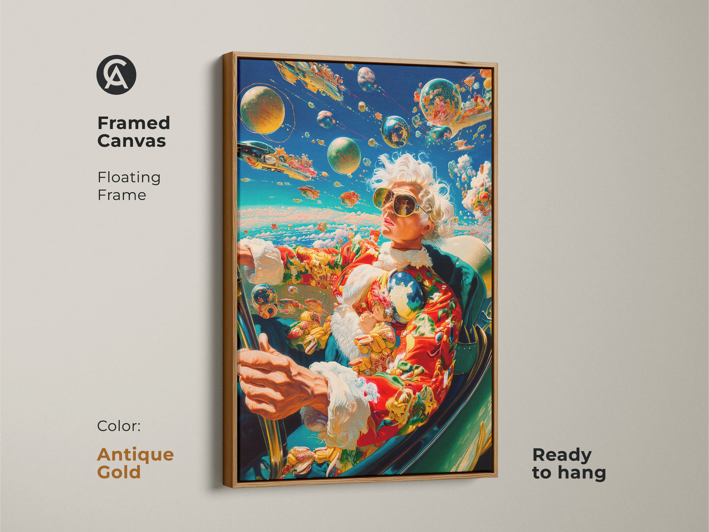 Framed canvas artwork shows a person driving a car with planets in the sky. This floating frame canvas is antique gold. The art is ready to hang. Shop framed canvas prints today.