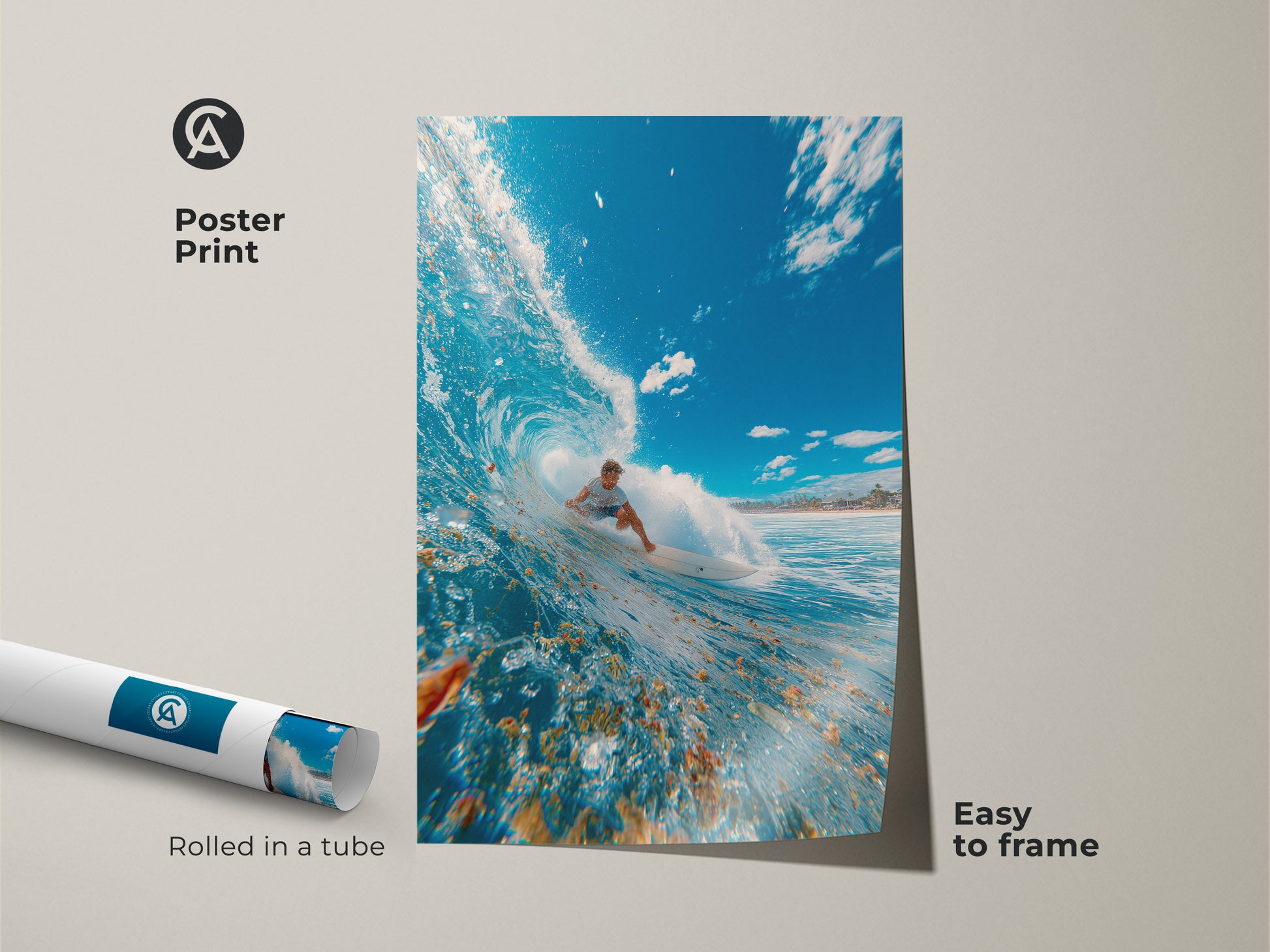 Poster print of a surfer inside a breaking wave. Rolled in a tube for easy framing. This surfing art captures the beauty and power of the ocean. The image features clear blue skies and a dynamic wave. An inspiring piece for surf lovers. Enhance your space with this vibrant surf poster.