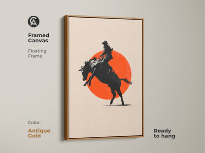 Framed canvas art displaying a cowboy on a bucking horse. The antique gold floating frame is ready to hang. Add this cowboy art to your office wall. Ideal for modern farmhouse decor lovers.