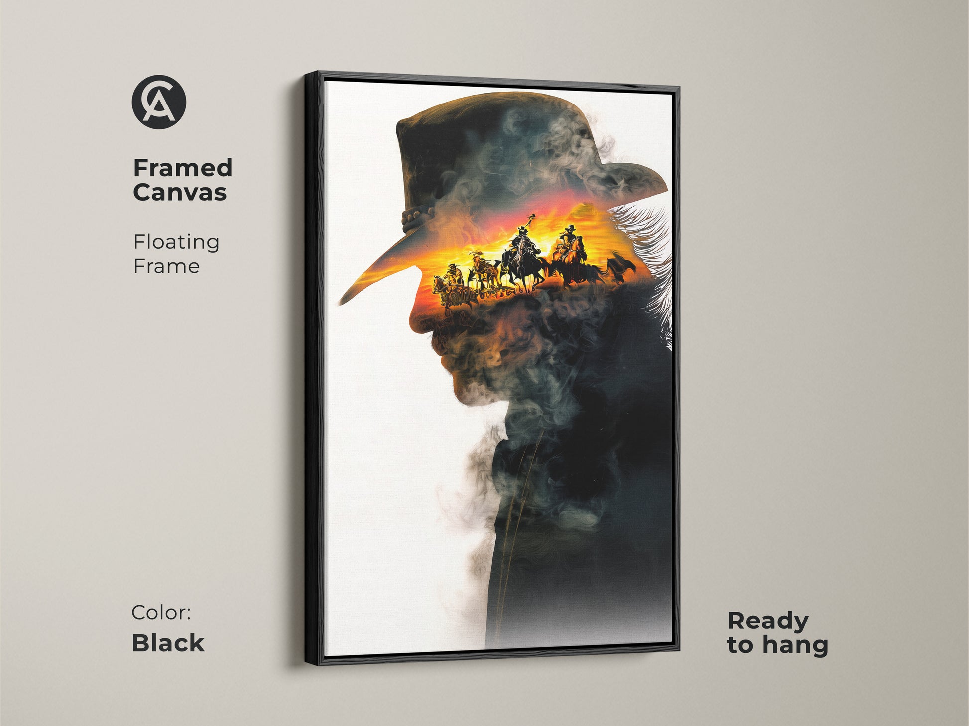 Black framed canvas art featuring a striking cowboy double exposure. It combines a cowboy silhouette with a sunset horseback riding scene. Ready to hang this rustic western wall art brings an adventurous touch to any space. A perfect gift for cowboy fans.
