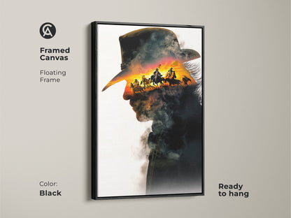 Black framed canvas art featuring a striking cowboy double exposure. It combines a cowboy silhouette with a sunset horseback riding scene. Ready to hang this rustic western wall art brings an adventurous touch to any space. A perfect gift for cowboy fans.