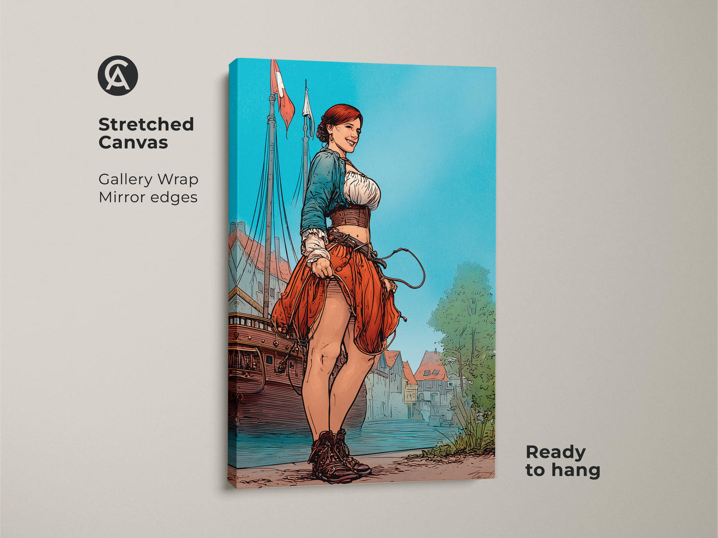 Stretched canvas gallery wrap featuring a woman sailor art print. Ready to hang and perfect for eclectic home decor. The nautical character artwork adds adventure to any room with its red blue and turquoise tones.