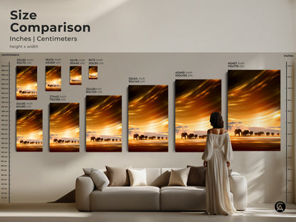 Size comparison of savanna sunset elephant prints. Various sizes shown 16x24 to 45x67 inches. See how canvas art fits above a couch and complements your living room decor. Explore framed art options for your home.