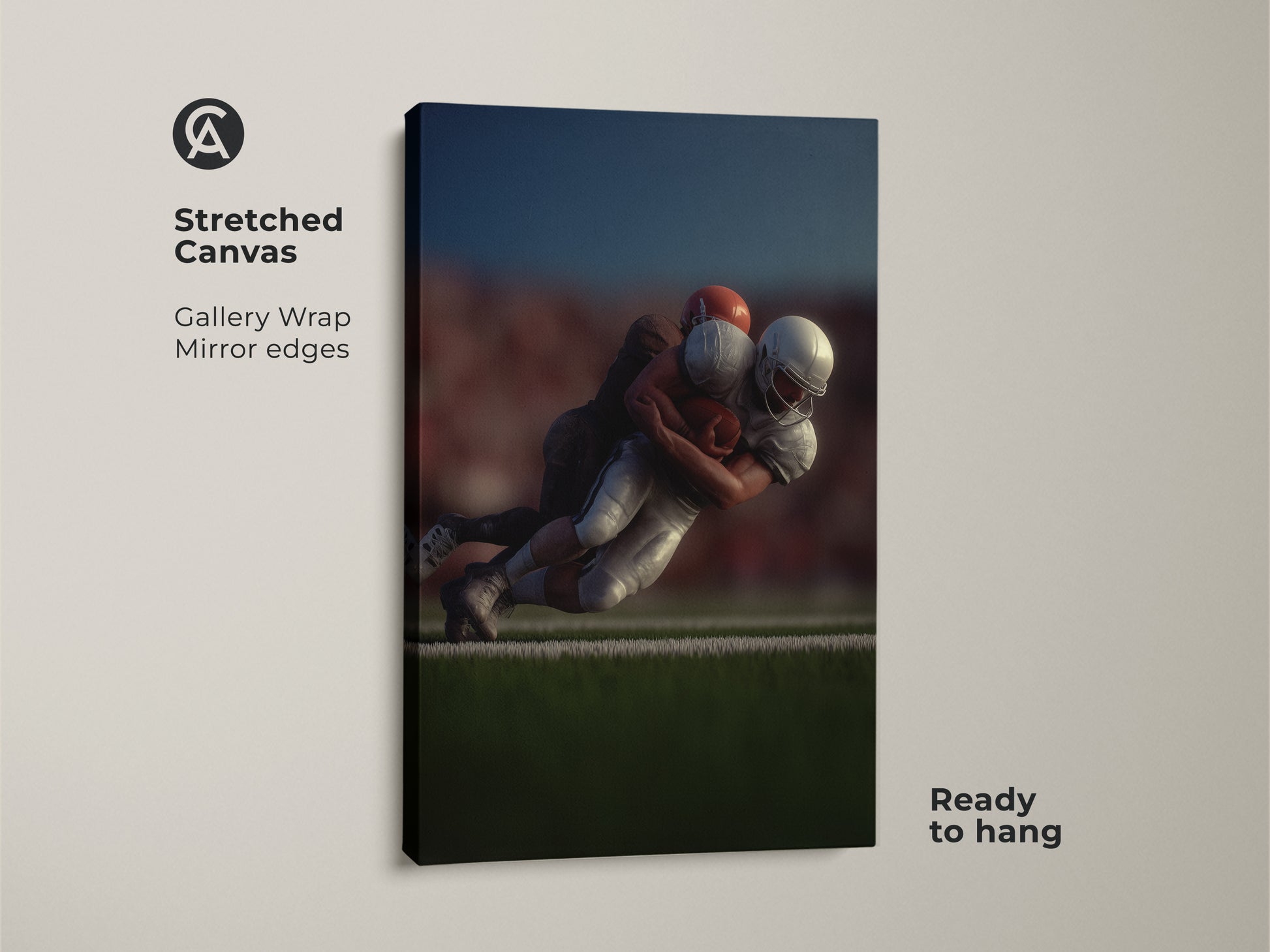 Stretched canvas of a dynamic football tackle. This photorealistic sports action wall art is ready to hang. Ideal man cave decor and a perfect gift for any football fan. This gallery wrapped canvas shows an intense football moment frozen in time. It is a great piece for a sports themed room.