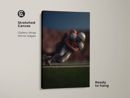 Stretched canvas of a dynamic football tackle. This photorealistic sports action wall art is ready to hang. Ideal man cave decor and a perfect gift for any football fan. This gallery wrapped canvas shows an intense football moment frozen in time. It is a great piece for a sports themed room.