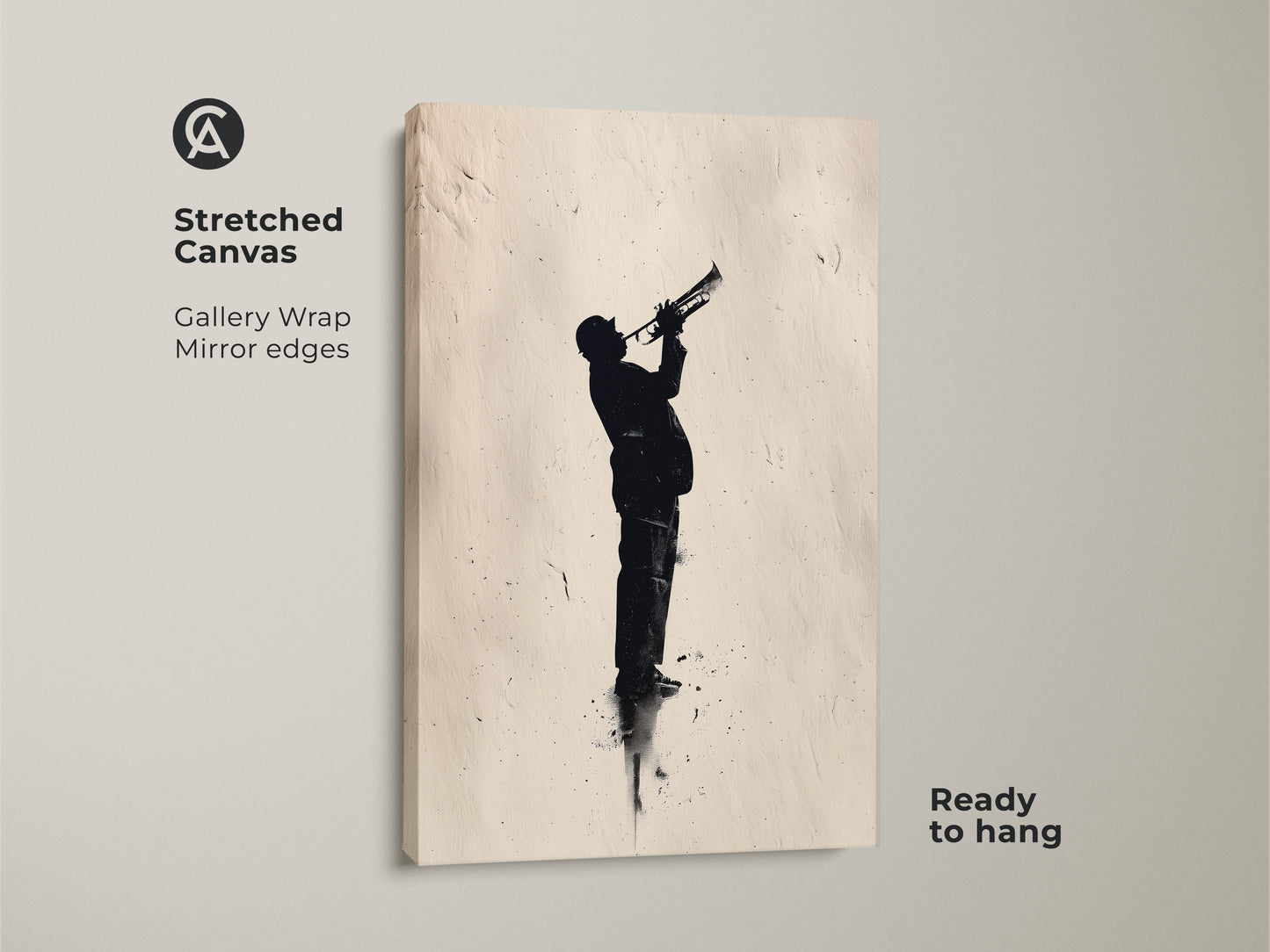 Stretched canvas jazz art ready to hang. Features gallery wrapped edges. A silhouetted musician plays the trumpet with passion. Get this stunning canvas for a modern touch.