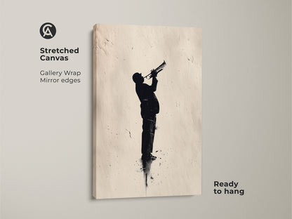 Stretched canvas jazz art ready to hang. Features gallery wrapped edges. A silhouetted musician plays the trumpet with passion. Get this stunning canvas for a modern touch.