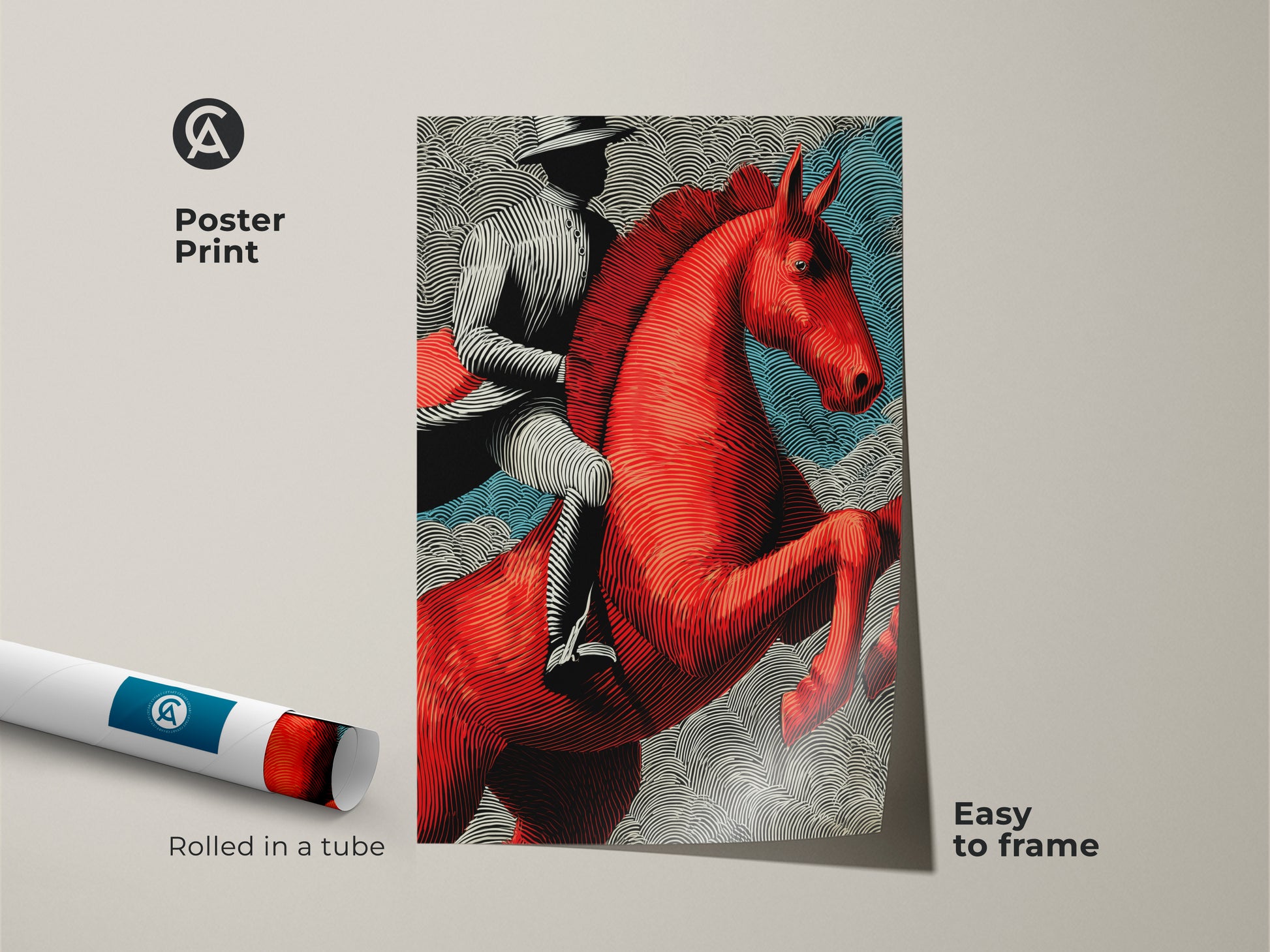 Poster print of a red horse linocut. Easy to frame this western rider artwork is rolled in a tube. A unique and bold statement piece for any horse lover's home.
