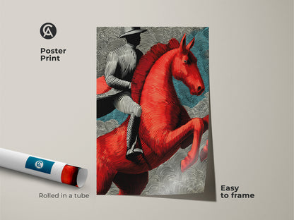 Poster print of a red horse linocut. Easy to frame this western rider artwork is rolled in a tube. A unique and bold statement piece for any horse lover's home.