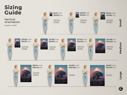 Vertical orientation sizing guide for Baobab tree canvas and poster prints. This teal and pink savanna canvas print makes a perfect housewarming gift. Select the ideal size for your space.
