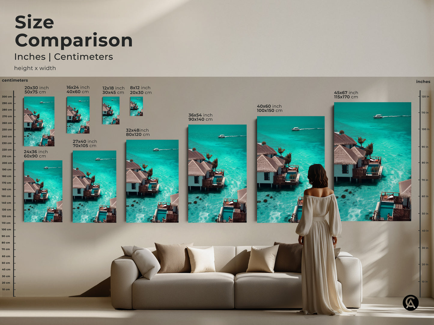 Size comparison of teal ocean canvas art. The artwork features a luxury tropical resort bungalow and coastal beach house art. Choose from various sizes to enhance your living space. Find the perfect overwater bungalow artwork to create a vacation vibe.