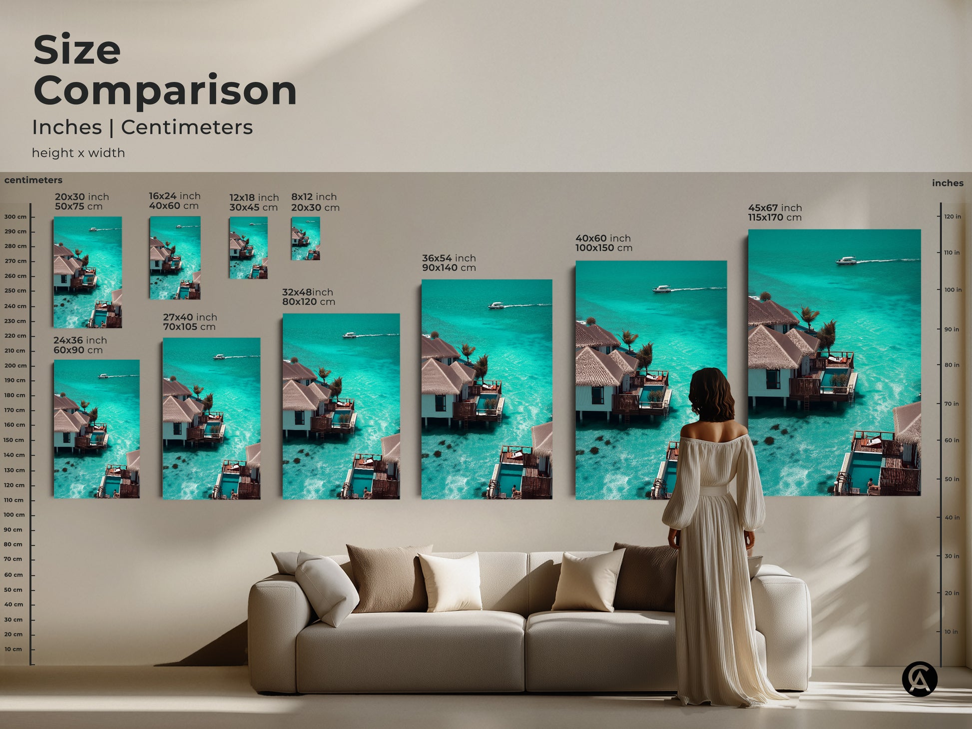 Size comparison of teal ocean canvas art. The artwork features a luxury tropical resort bungalow and coastal beach house art. Choose from various sizes to enhance your living space. Find the perfect overwater bungalow artwork to create a vacation vibe.