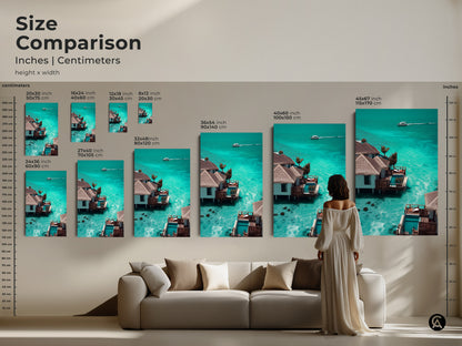 Size comparison of teal ocean canvas art. The artwork features a luxury tropical resort bungalow and coastal beach house art. Choose from various sizes to enhance your living space. Find the perfect overwater bungalow artwork to create a vacation vibe.