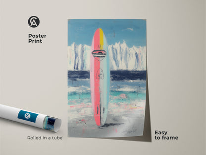 Poster print of abstract surfboard art. Rolled in a tube for easy framing. Features coastal pink blue teal waves. A modern ocean landscape for summer vibes.