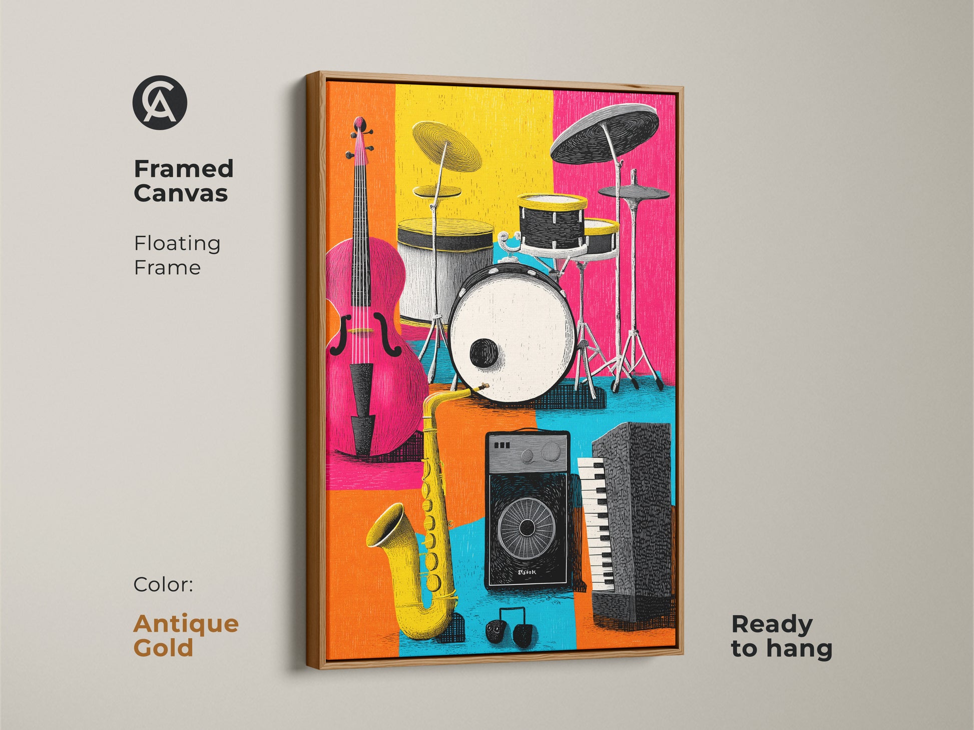 Framed canvas of musical instrument art in an antique gold floating frame. The artwork displays a cello drum set saxophone keyboard and speaker. The colorful blocks give a modern look. This framed canvas is ready to hang.