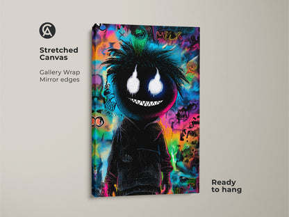 Stretched canvas showcasing a black figure with glowing eyes and a vibrant graffiti backdrop. The gallery wrap has mirrored edges. This ready-to-hang artwork adds an urban touch to any space. The canvas is stretched.