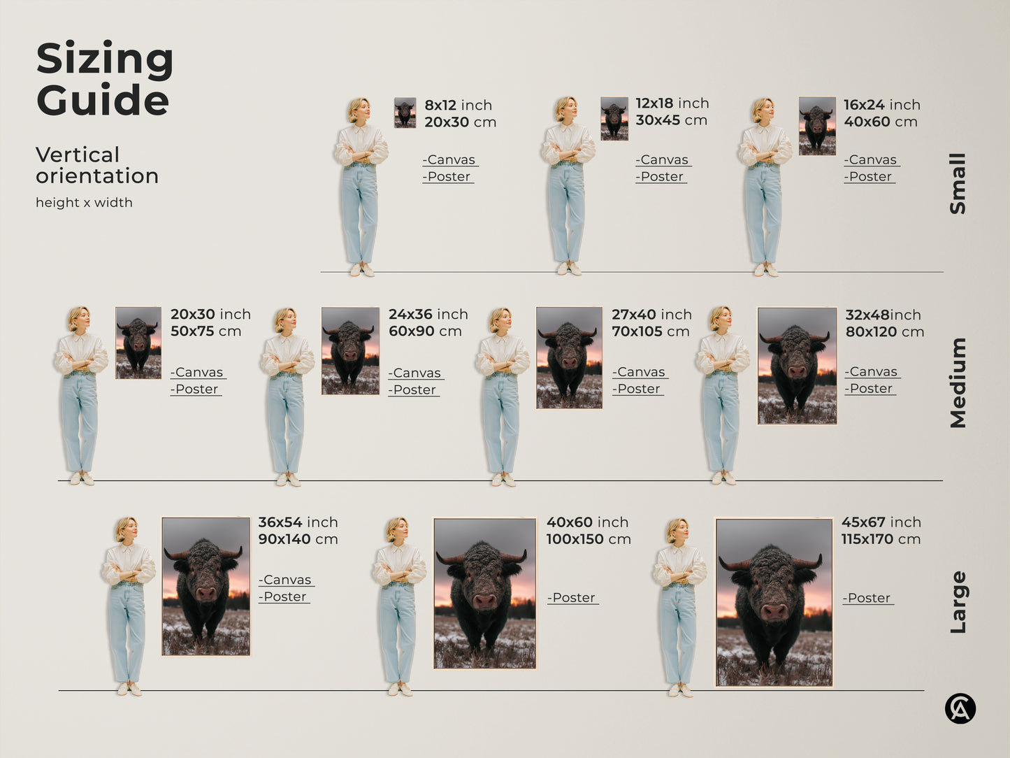 Sizing guide for vertical rustic bull art. Canvas and poster options available in sizes from small to large. Find the perfect fit for your wildlife animal print. Enhance your bedroom wall decor or living room art. Brown gray pink art for any space and style.