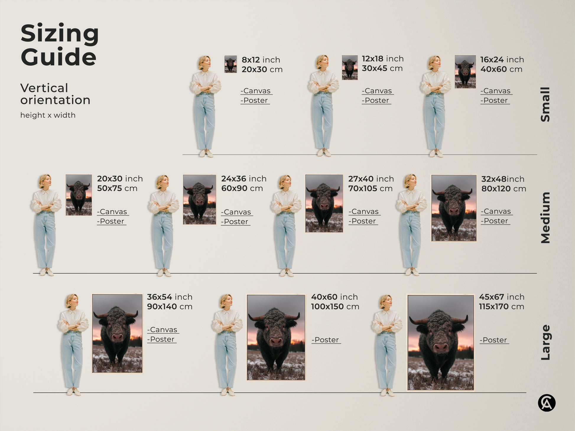 Sizing guide for vertical rustic bull art. Canvas and poster options available in sizes from small to large. Find the perfect fit for your wildlife animal print. Enhance your bedroom wall decor or living room art. Brown gray pink art for any space and style.