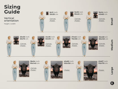 Sizing guide for vertical rustic bull art. Canvas and poster options available in sizes from small to large. Find the perfect fit for your wildlife animal print. Enhance your bedroom wall decor or living room art. Brown gray pink art for any space and style.