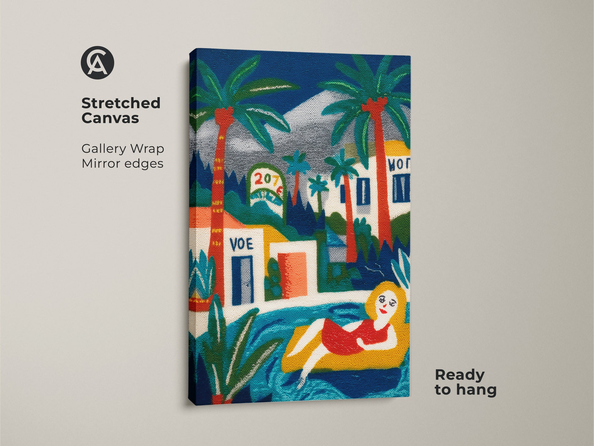 Stretched canvas art print showcasing a woman lounging in a pool surrounded by palm trees. The artwork features gallery wrap mirror edges and is ready to hang. Ideal for adding a pop of color and a relaxed atmosphere to your living room. This canvas print offers a modern and stylish way to display art.