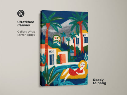 Stretched canvas art print showcasing a woman lounging in a pool surrounded by palm trees. The artwork features gallery wrap mirror edges and is ready to hang. Ideal for adding a pop of color and a relaxed atmosphere to your living room. This canvas print offers a modern and stylish way to display art.