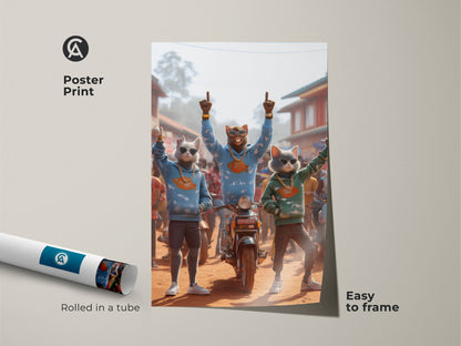 Poster print showcasing three hip cat characters. They are posing in hoodies and jewelry. The poster is rolled in a tube for easy framing. This unique artwork adds a fun touch to any room. Get ready to frame and display.