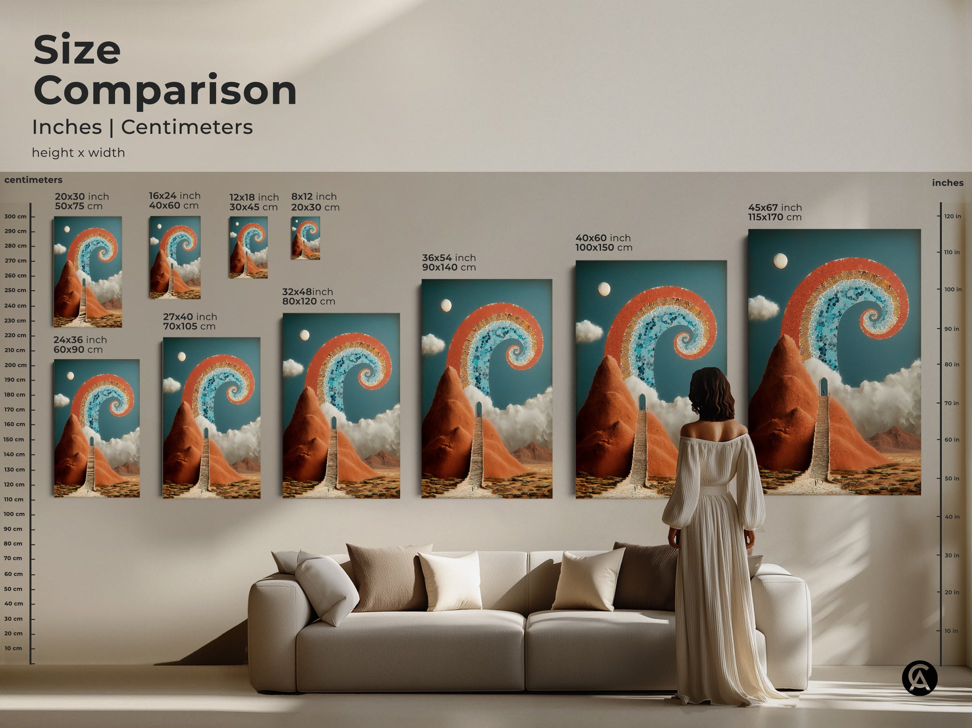 Size comparison for abstract Stairway to Archway wall art. Visualize different sizes in inches and centimeters. Perfect as Eclectic office art. Choose the ideal scale for your space. Transform your home with this spiritual new beginning canvas print.