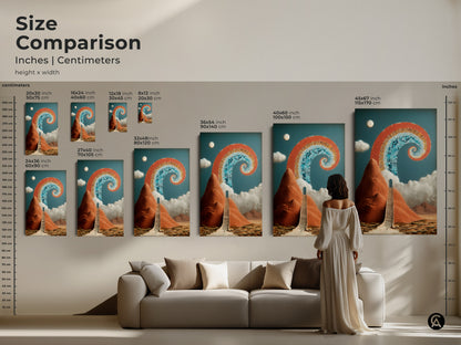 Size comparison for abstract Stairway to Archway wall art. Visualize different sizes in inches and centimeters. Perfect as Eclectic office art. Choose the ideal scale for your space. Transform your home with this spiritual new beginning canvas print.