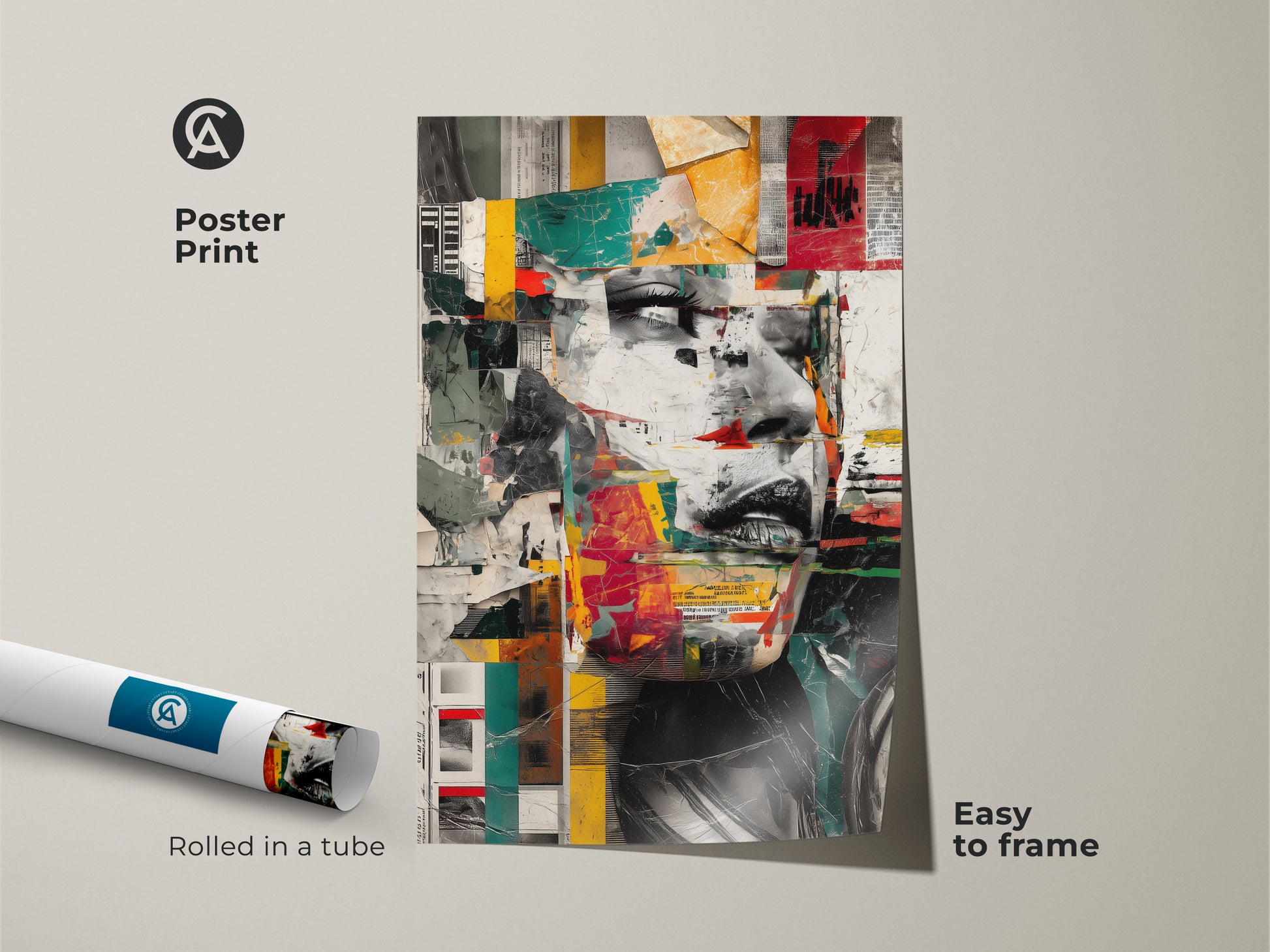 Poster print of an abstract woman face collage art. Rolled in a tube for easy framing. Eclectic red teal yellow wall art. Modern mixed media print ideal for bedroom or office decor. Unique portrait artwork for art lovers. Geometric collage print with vibrant colors. Artistic face print for a contemporary abstract art feel.