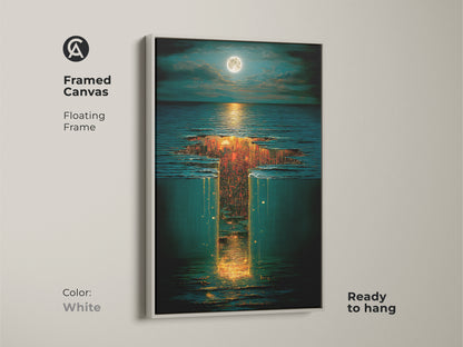 Framed canvas in a white floating frame showcasing surreal underwater city art. The moonlit sky and golden orange tones create a dreamy look. This eclectic artwork is ready to hang offering a unique touch to any space. Perfect gift for dreamers