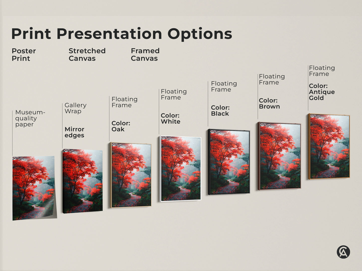 Explore print presentation options with this artwork. Choose from poster prints stretched canvas or framed canvas. Each option brings the vibrant autumn forest scene to life. Find the perfect piece to complement your home decor.