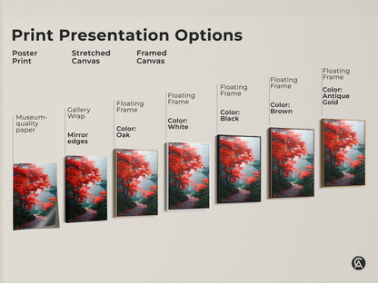 Explore print presentation options with this artwork. Choose from poster prints stretched canvas or framed canvas. Each option brings the vibrant autumn forest scene to life. Find the perfect piece to complement your home decor.