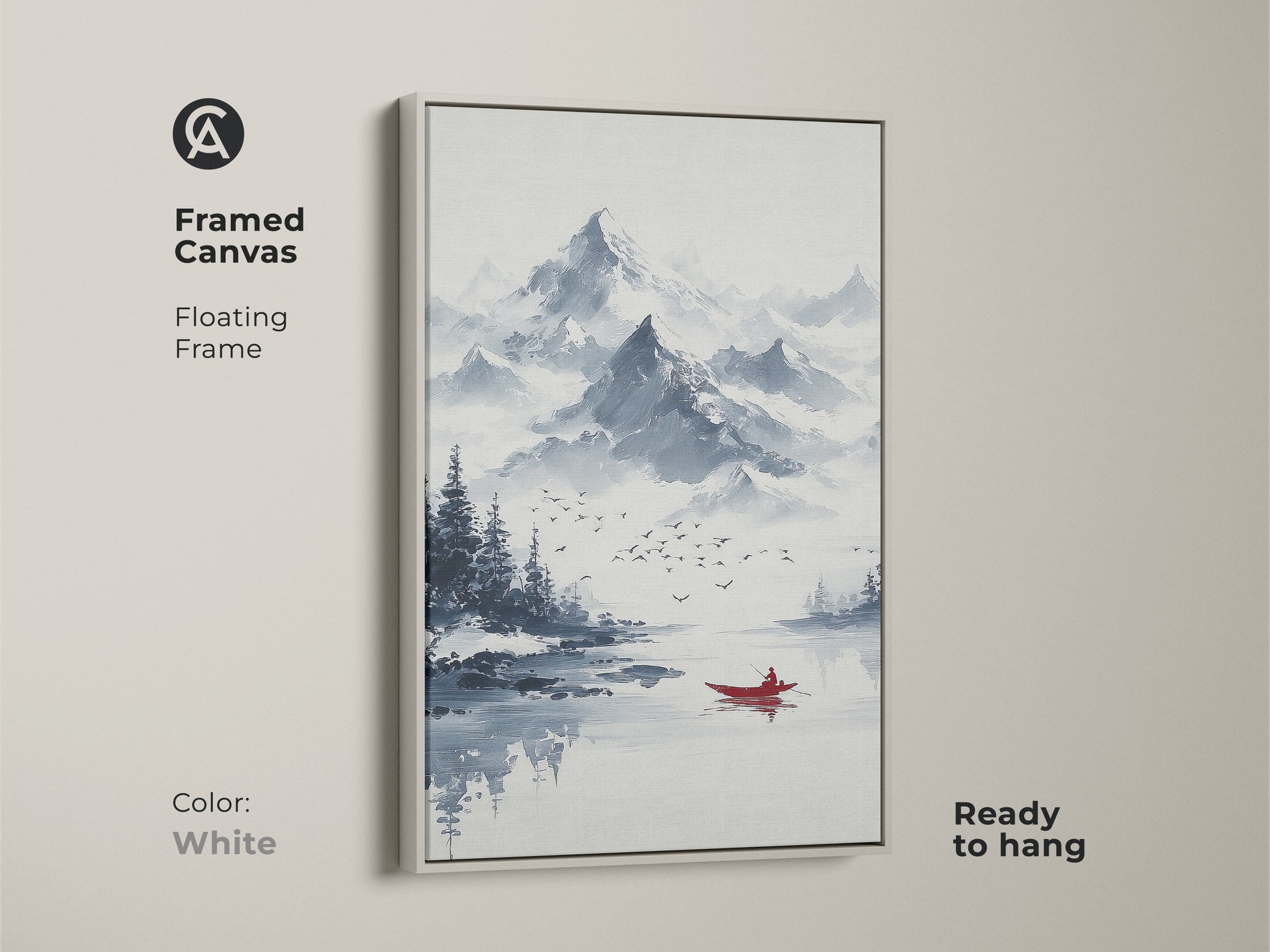 Framed canvas of ink wash mountain art. This minimalist boat canvas print features a floating white frame. Ready to hang this blue gray landscape art enhances a living room. The serene lake artwork is ideal for minimalist homes.