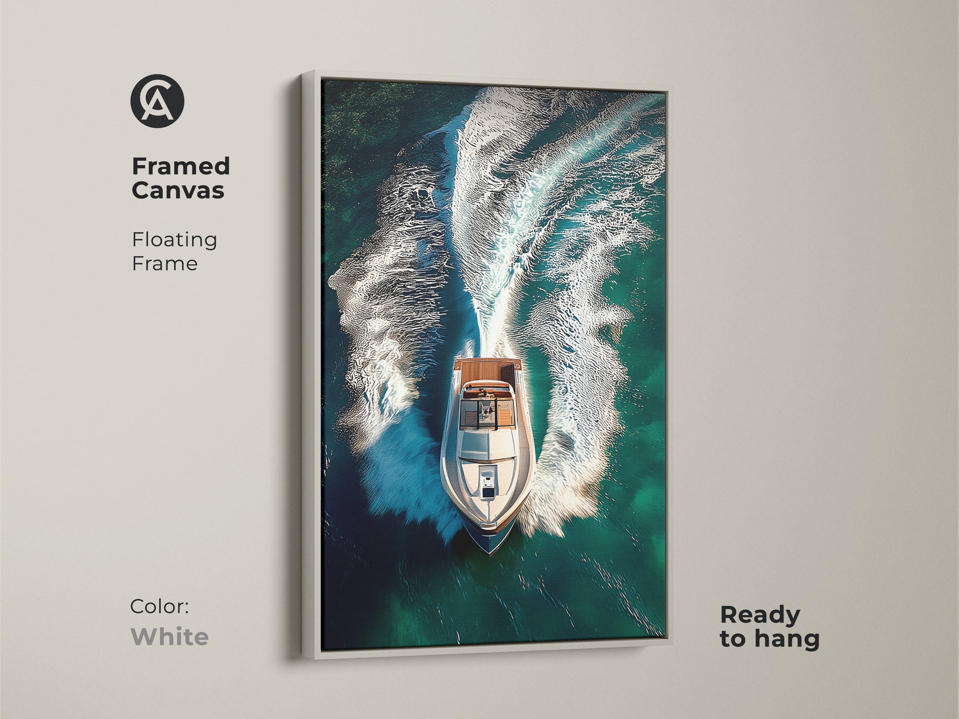 Framed canvas artwork of a speedboat speeding on deep teal ocean water. This contemporary piece features a floating white frame ready to hang. The aerial view captures the dynamic white wake of the boat. Ideal modern nautical decor for boat enthusiasts.
