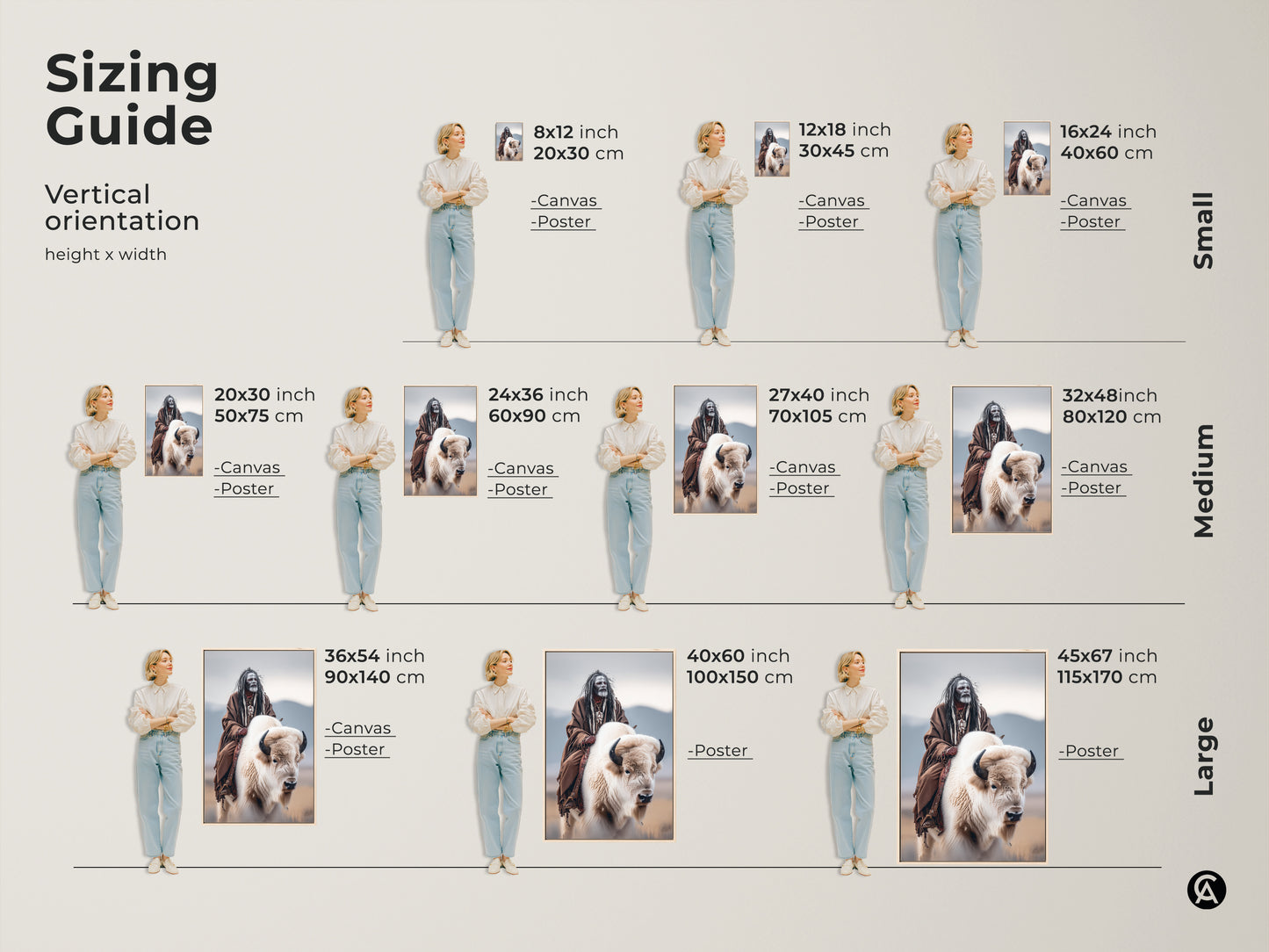 Sizing guide for Native American artwork. Visualize the art featuring a Native American man riding a white buffalo in various sizes. See how it fits in different spaces. Available as canvas or poster prints in vertical orientations. Find the perfect size for your home decor.