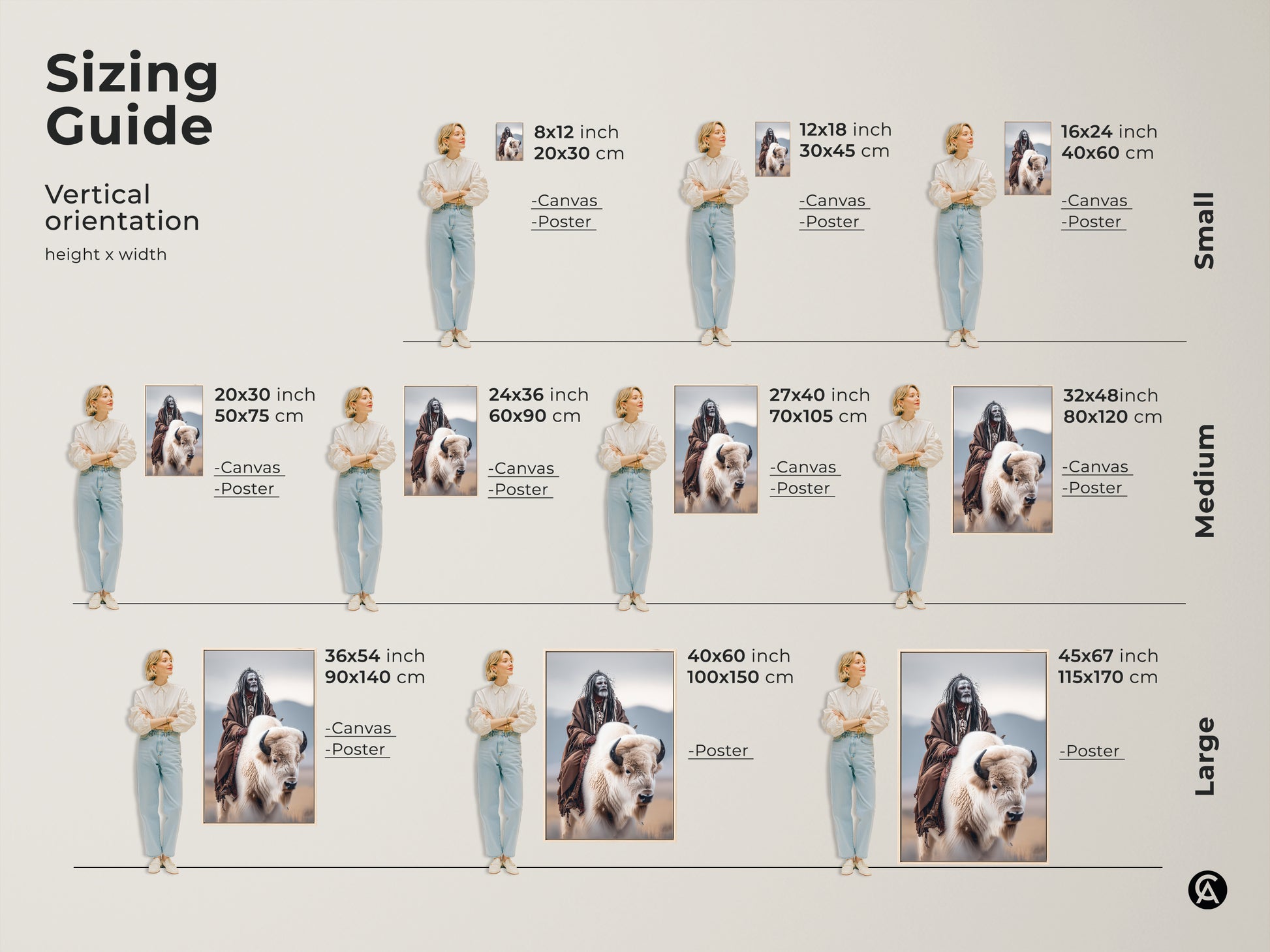 Sizing guide for Native American artwork. Visualize the art featuring a Native American man riding a white buffalo in various sizes. See how it fits in different spaces. Available as canvas or poster prints in vertical orientations. Find the perfect size for your home decor.