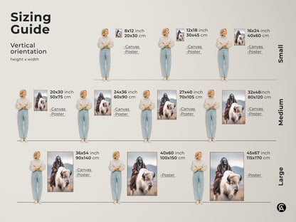 Sizing guide for Native American artwork. Visualize the art featuring a Native American man riding a white buffalo in various sizes. See how it fits in different spaces. Available as canvas or poster prints in vertical orientations. Find the perfect size for your home decor.