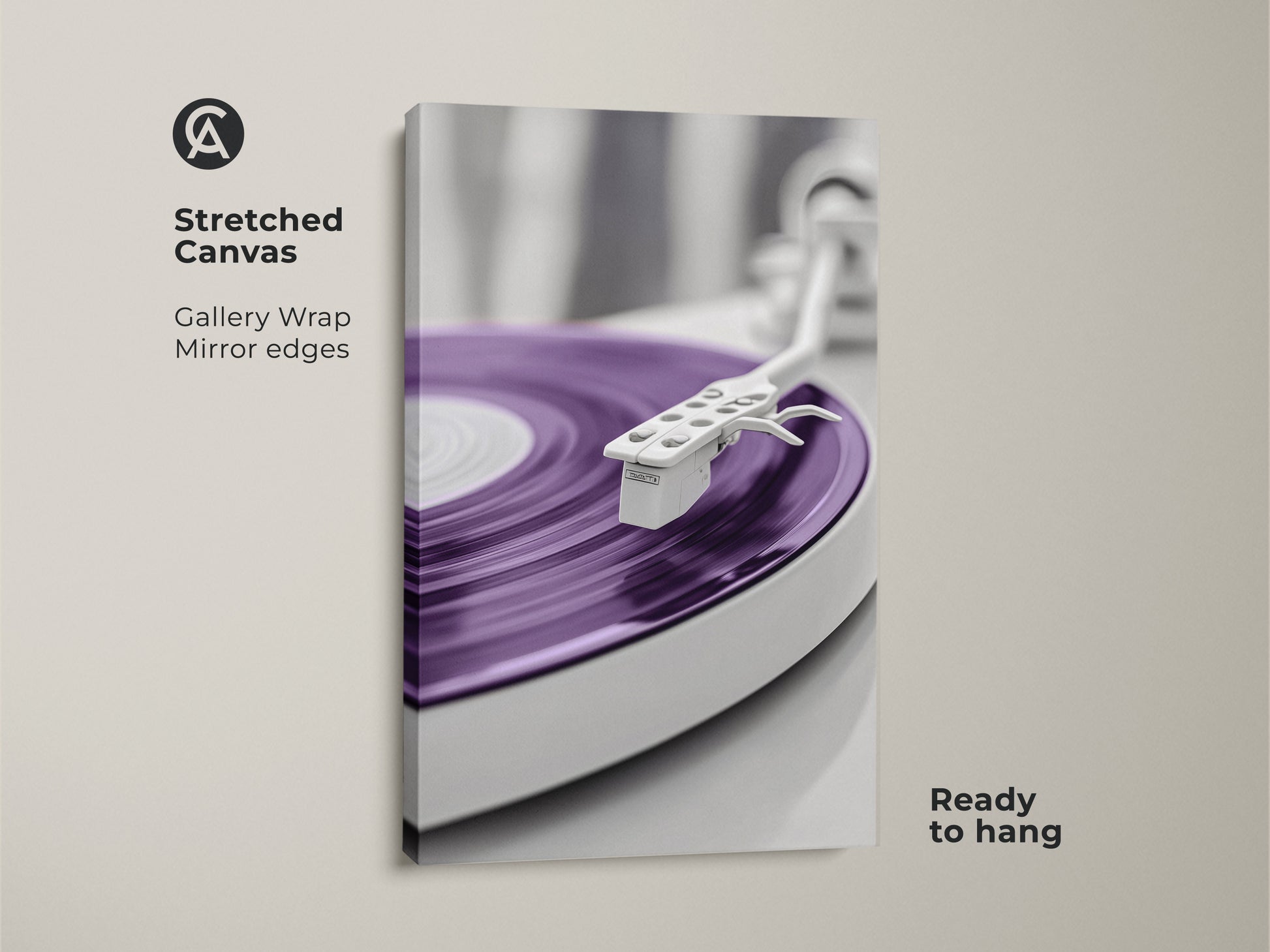 Stretched canvas print of a purple vinyl record. This abstract turntable artwork offers a minimalist mid-century modern touch. Ideal for a music room or home office wall art. Gallery wrapped with mirrored edges. It comes ready to hang and enjoy.