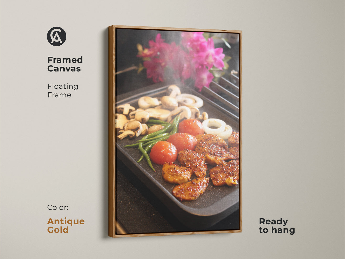 Antique gold framed canvas of grilling food wall art is ready to hang. This kitchen canvas print adds contemporary home decor. Modern food art is a foodie gift idea. The home cook present is a housewarming gift art. Realistic cooking art shows still life food prints.